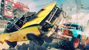 Home 41 Demolition derby racing crash, yellow car colliding with blue car in stadium, sparks flying, motorsport streaming on MediaTVZone