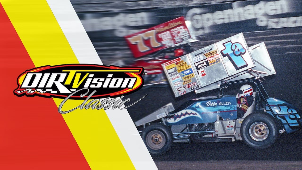 Home 37 DIRTVision Classic promo, Bobby Allen driving blue sprint car number 1a in front of red and yellow racing stripes, motorsport streaming on MediaTVZone