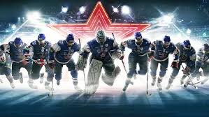 Home 49 Ice hockey all-stars event poster, team of players in blue uniforms skating forward with large red star, special PPV sports streaming on MediaTVZone