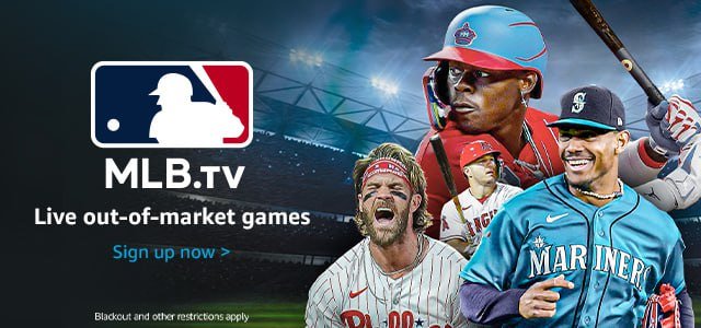 Home 45 MLB.TV promo image, featuring baseball stars from the Phillies, Mariners, and Cardinals, with stadium background and “Live out-of-market games” text, baseball streaming on MediaTVZone