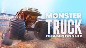 Home 33 Monster Truck Championship promo, giant monster truck jumping in stadium arena with dirt flying, motorsport streaming on MediaTVZone