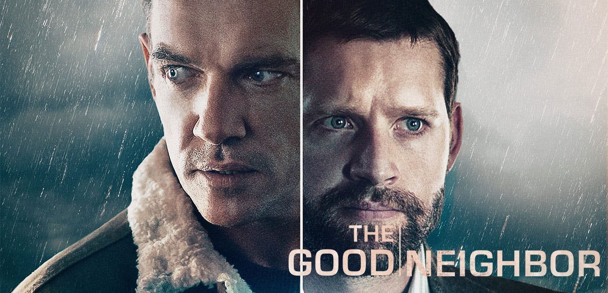 Home 25 The Good Neighbor poster, two men’s faces split by a line in rainy scene, psychological thriller streaming on MediaTVZone