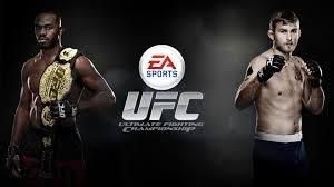 Home 44 UFC championship promo, Jon Jones with title belt and Alexander Gustafsson in fighting stance, EA Sports UFC event streaming on MediaTVZone