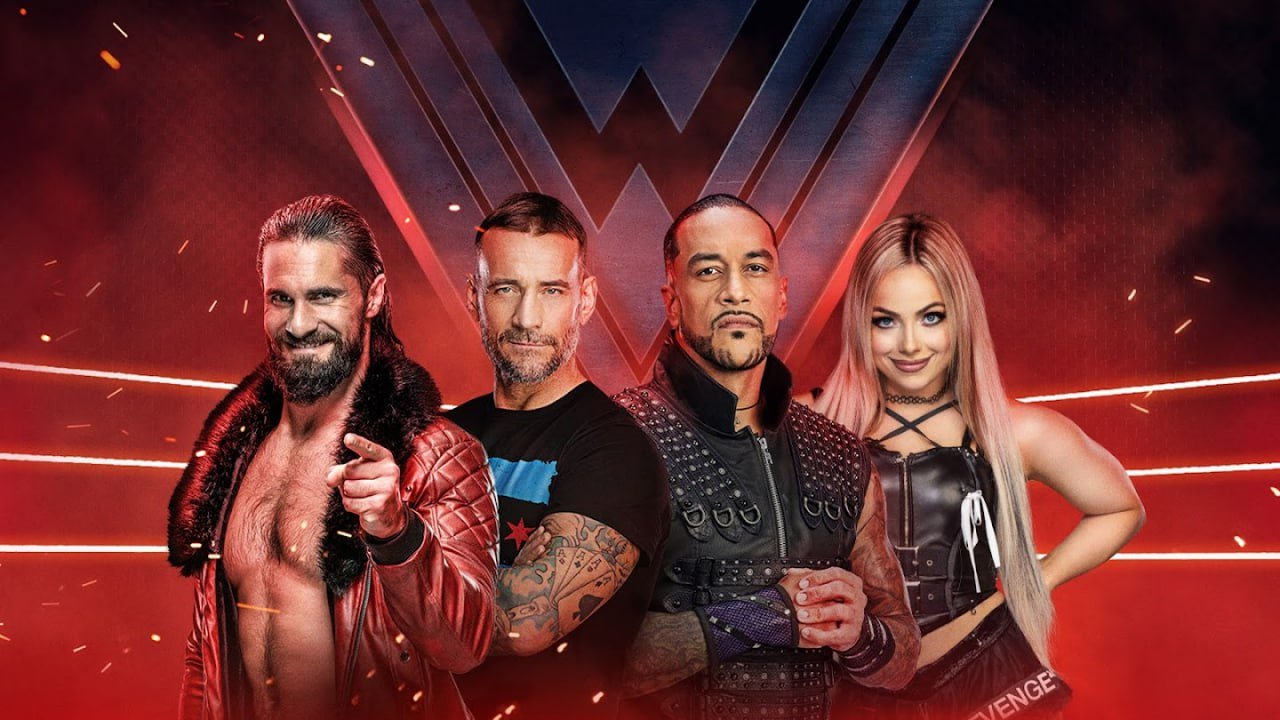 Home 36 WWE Raw Superstars promo, featuring Seth Rollins, CM Punk, Damian Priest, and Liv Morgan in front of a red and black WWE background, wrestling streaming on MediaTVZone