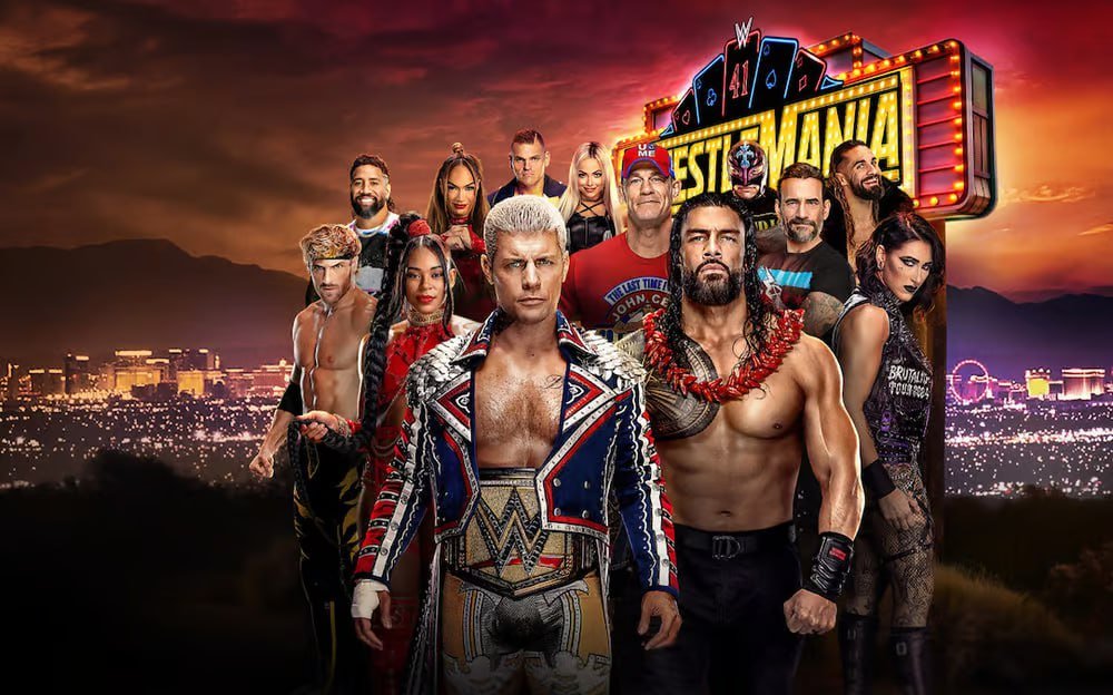Home 40 WWE WrestleMania 41 promo, Cody Rhodes, Roman Reigns, John Cena, and other superstars in front of Las Vegas skyline, PPV wrestling streaming on MediaTVZone